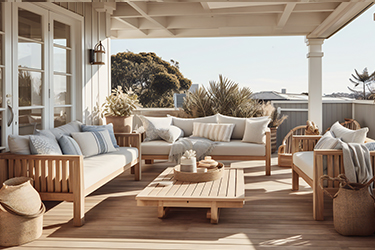 Two empty wooden couches and a wooden chair sit around a wood table on a covered outdoor patio.