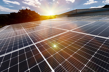 Photovoltaic solar panels on a factory roof absorb sunlight as a source of electrical energy.