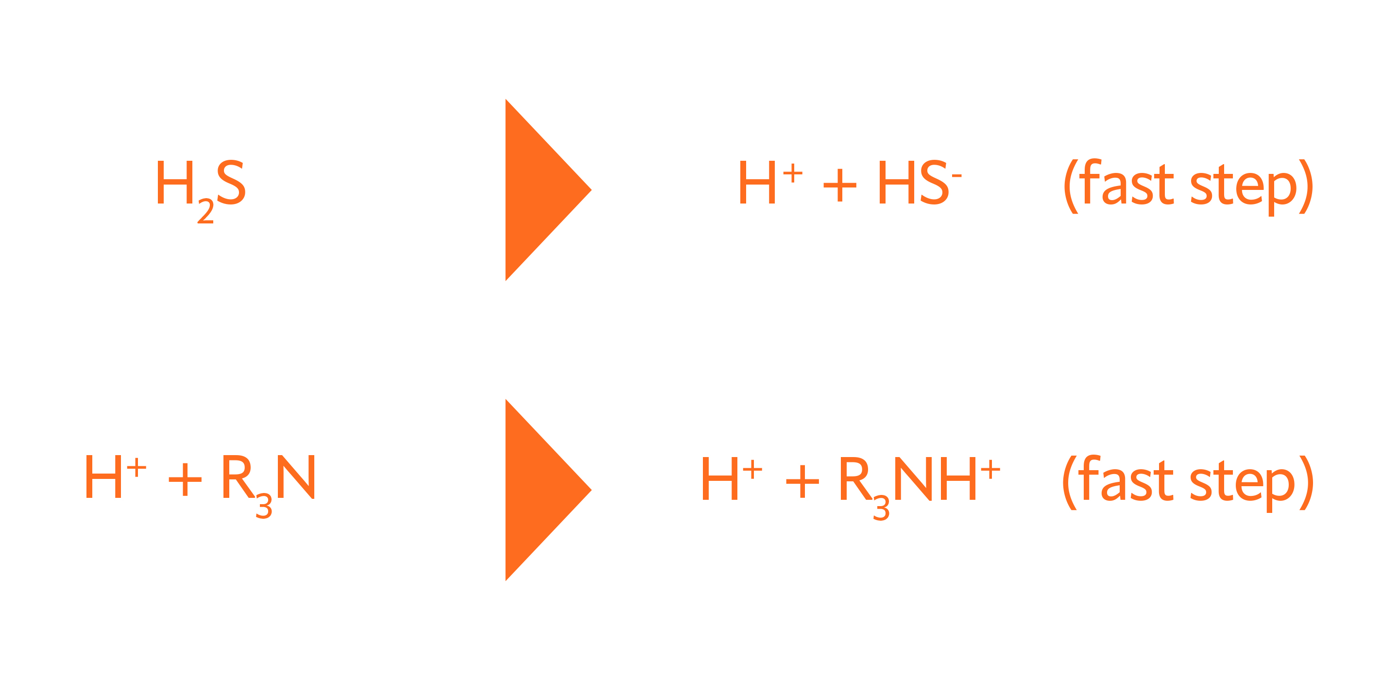 Hydrogen sulfide quickly transfers to the liquid phase, forming bisulfide and protonating an amine. 