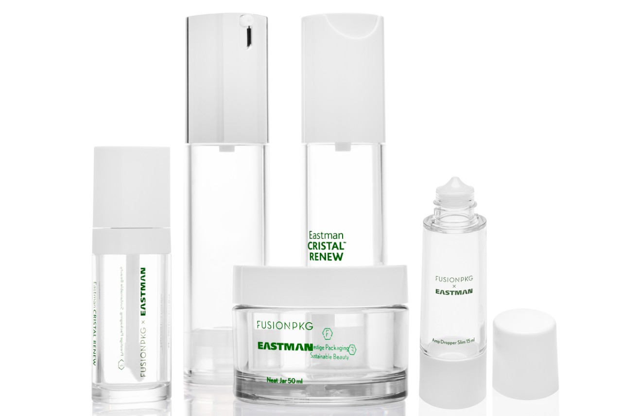 A variety of clear cosmetic packaging made by FusionPKG and Eastman. 