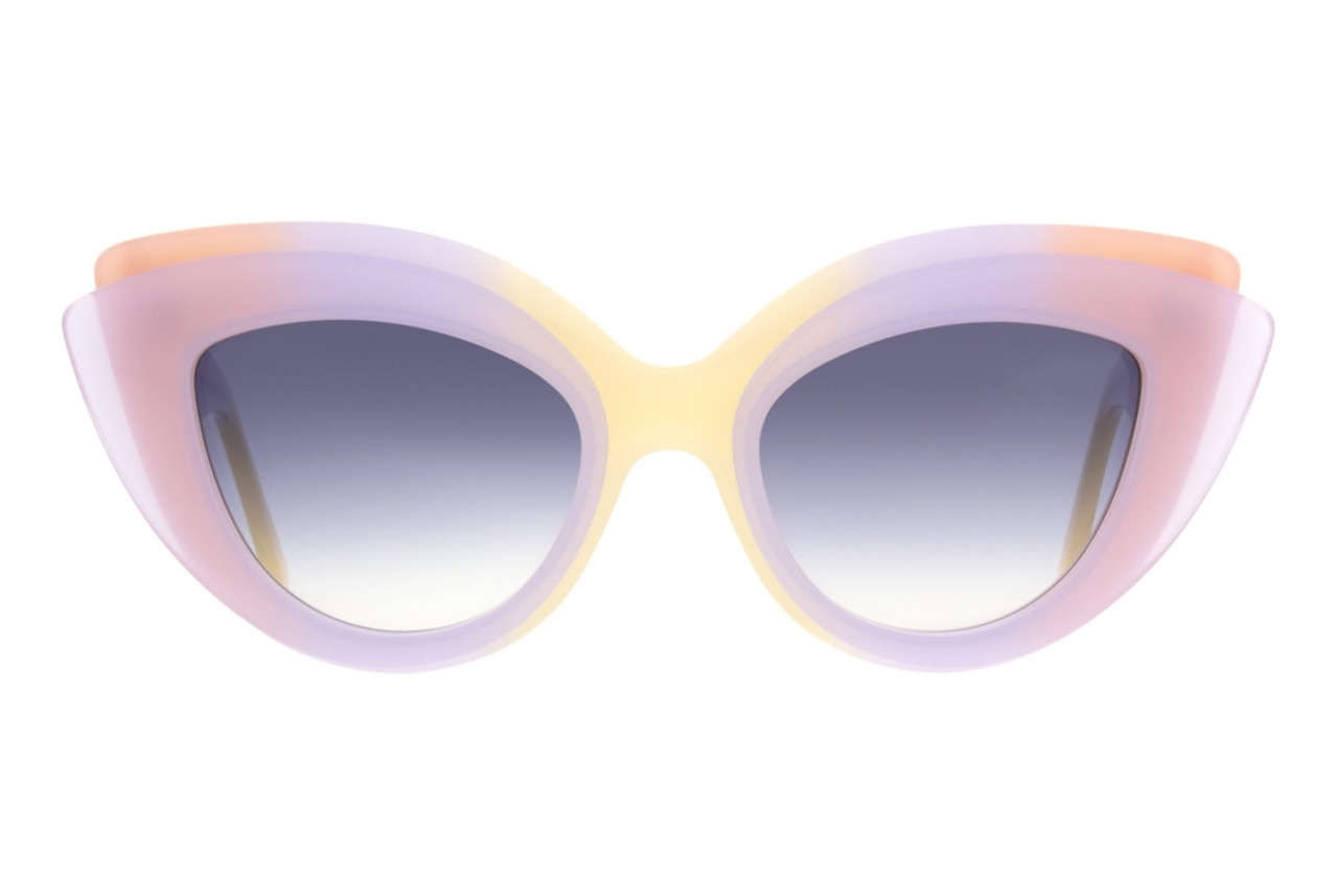 Andy Wolf BLOSSOM cat-eye sunglasses with a yellow, violet and pink ombre hue made from Eastman Acetate Renew. 