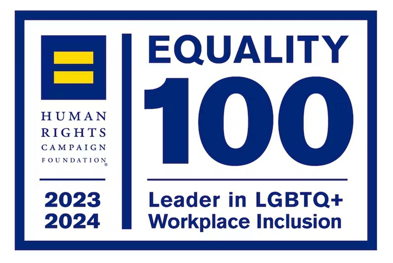  A logo from the Human Rights Campaign with the words: Equality 100. Leader in LGBQT+ Workplace Inclusion 2023-2024.  