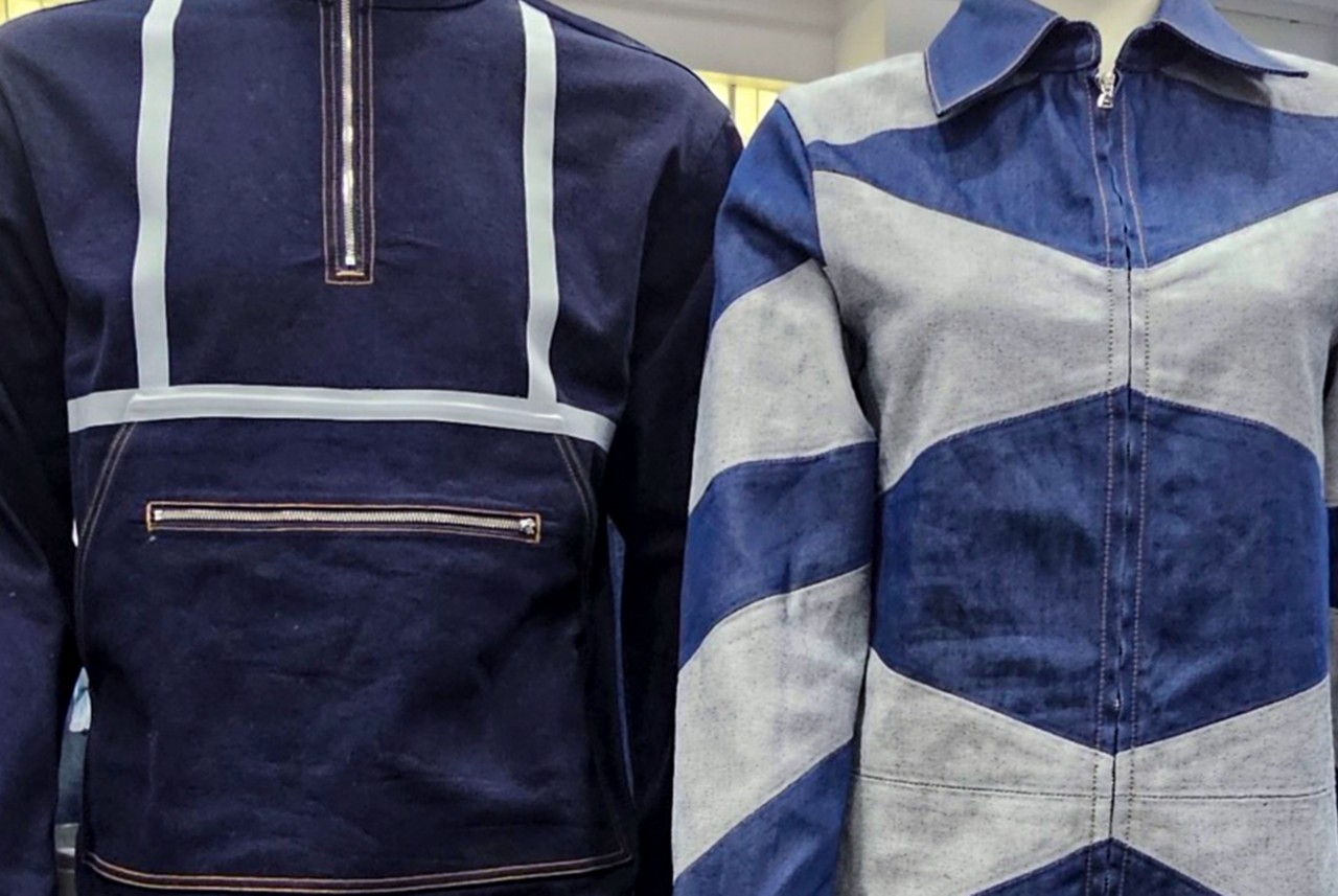   Closeup of the front of two denim jackets made with Naia. 