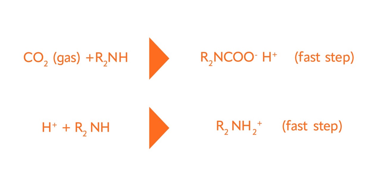 Chart showing how non-tertiary amines can react with carbon dioxide to free a proton.