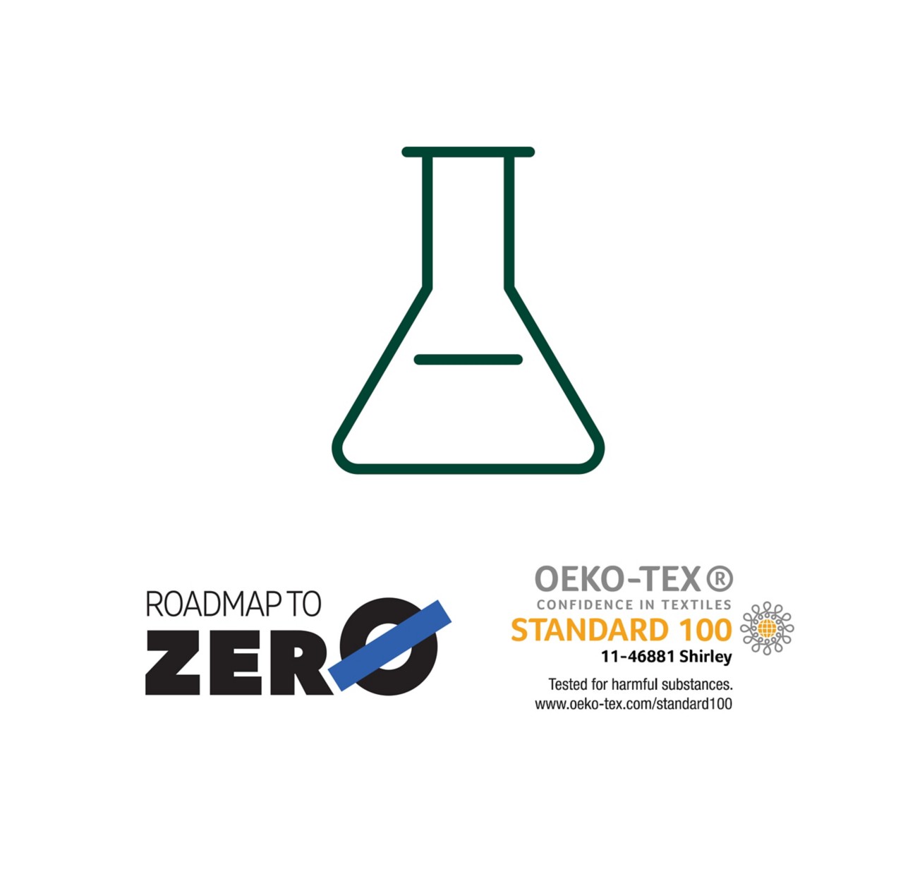A beaker icon with logos for Roadmap to Zero and OEKO-TEX. 
