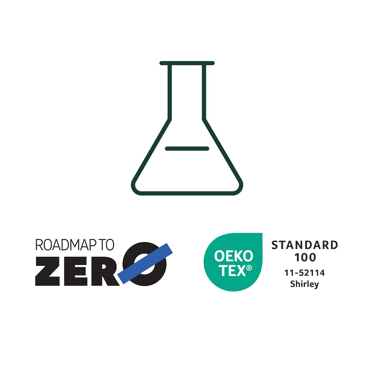 A beaker icon with logos for Roadmap to Zero and OEKO-TEX. 