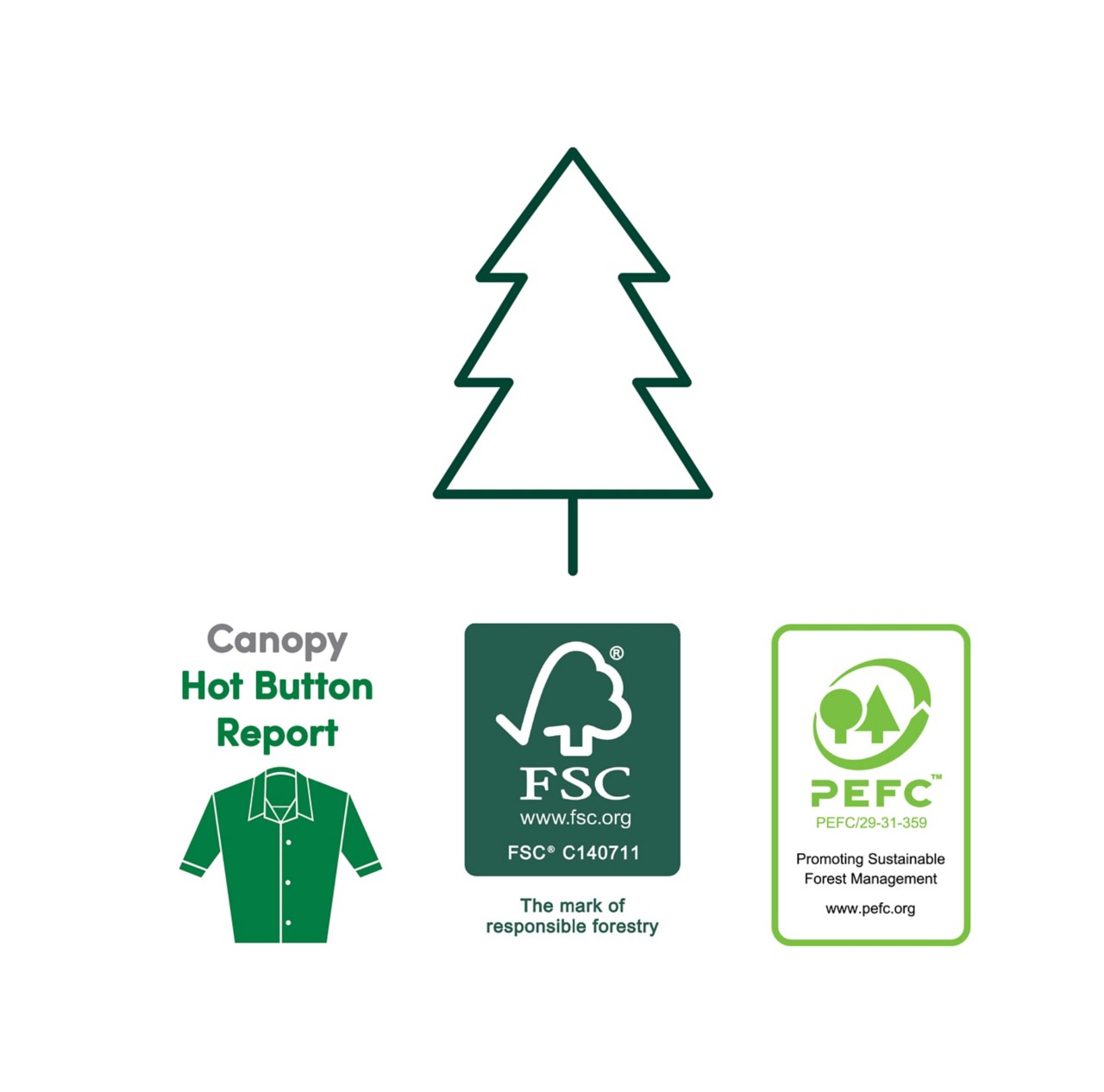 A tree icon with logos for Canopy, FSC and PEFC. 