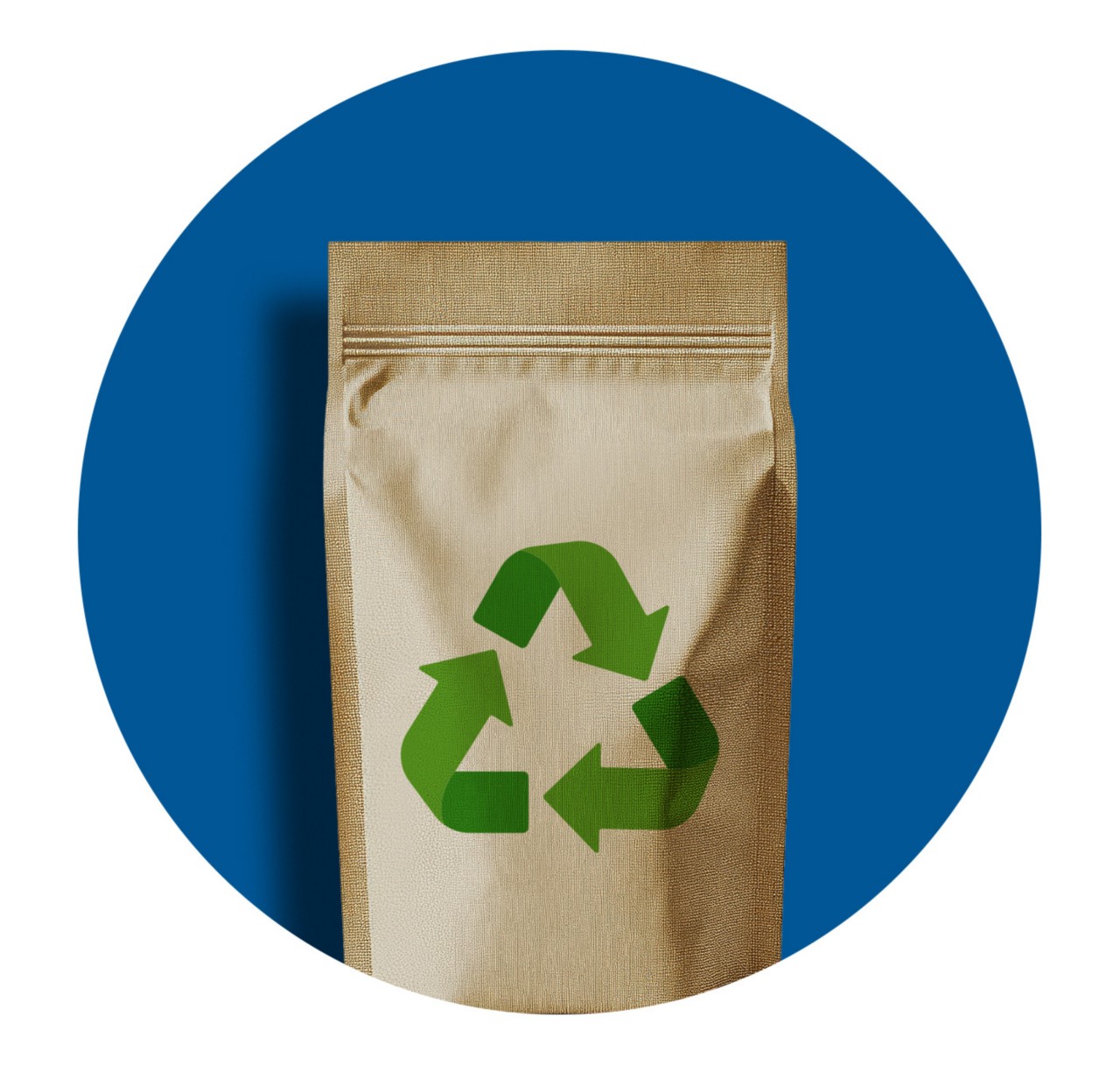 A brown bag with a recycle symbol and resealable opening. 