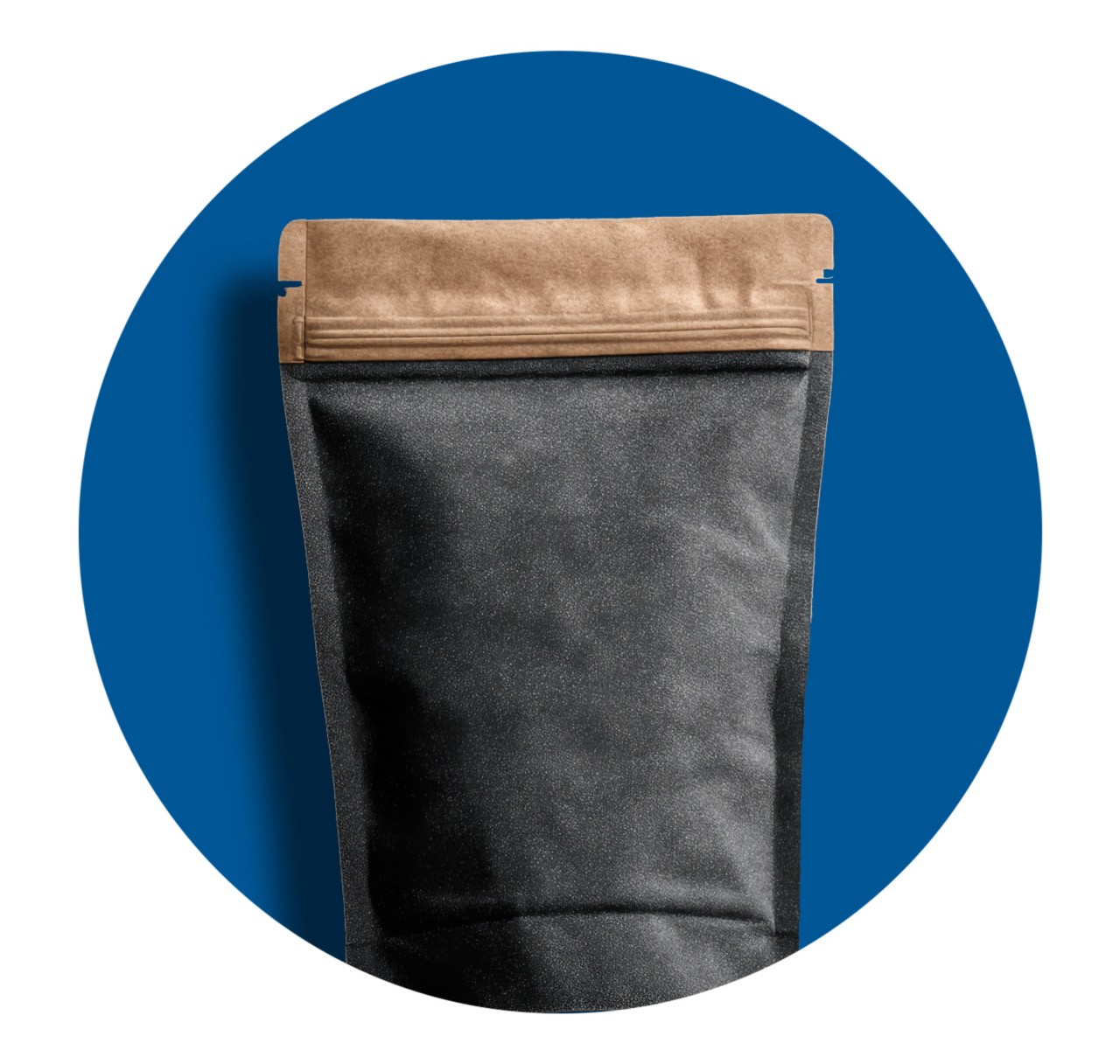 A black paper pouch with a resealable opening. 