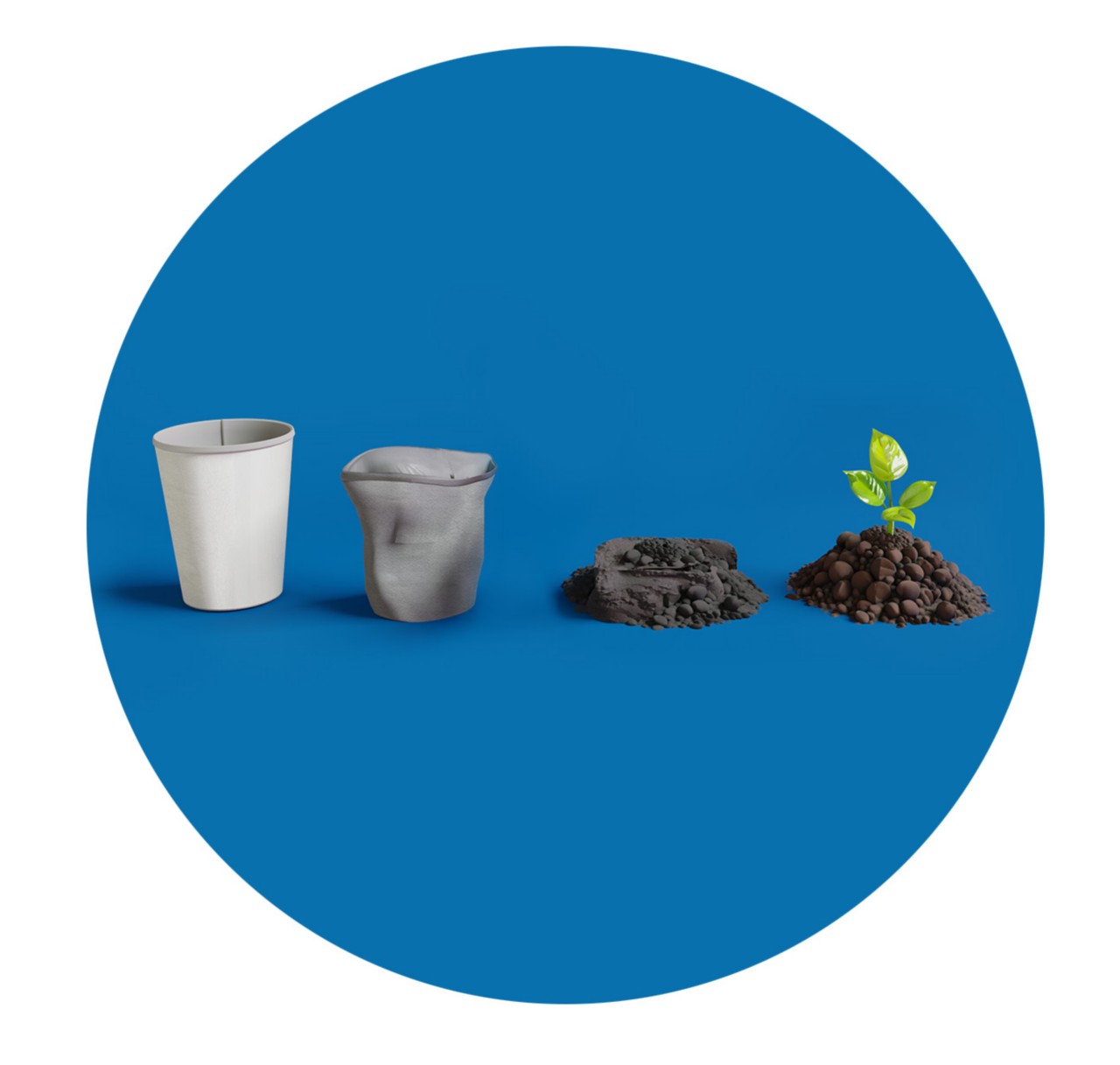 A paper cup decomposes into compost in four stages — intact, partially broken down, fragmented and fully composted. 