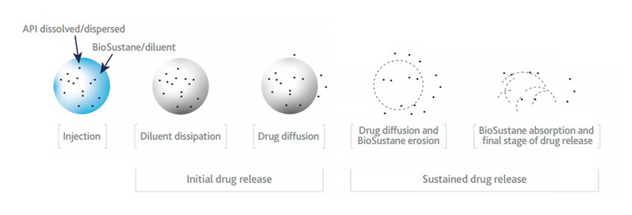 A diagram shows how BioSustane is dispersed and released.
