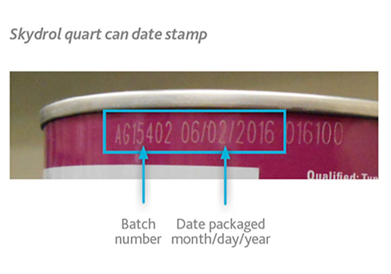 A Skydrol can’s batch number and date packaged are noted. 