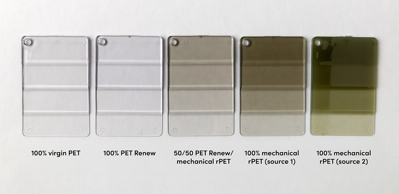 Plastic sample plaques showing PET and rPET variations