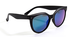 Black frame sunglasses with reflective blue lenses.